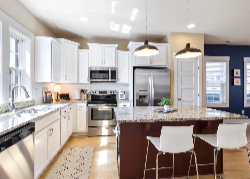 Modern kitchen with stainless steel appliances and white cabinets